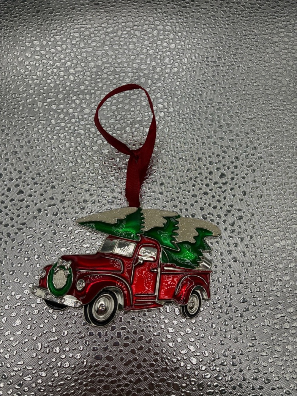 Harvey Lewis Red Vintage Truck Christmas Tree Ornament with Green Tree